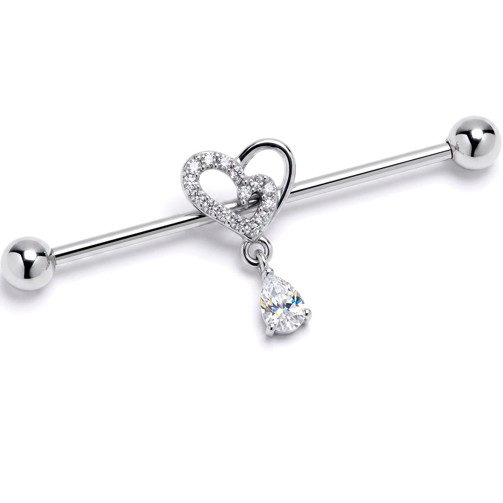 14G Clear CZ Gem Asymmetrical Heart Dangle Industrial Barbell 38mm