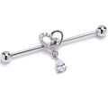 14G Clear CZ Gem Asymmetrical Heart Dangle Industrial Barbell 38mm