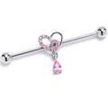 14G Pink CZ Gem Asymmetrical Heart Dangle Industrial Barbell 38mm