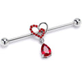 14G Red CZ Gem Asymmetrical Heart Dangle Industrial Barbell 38mm