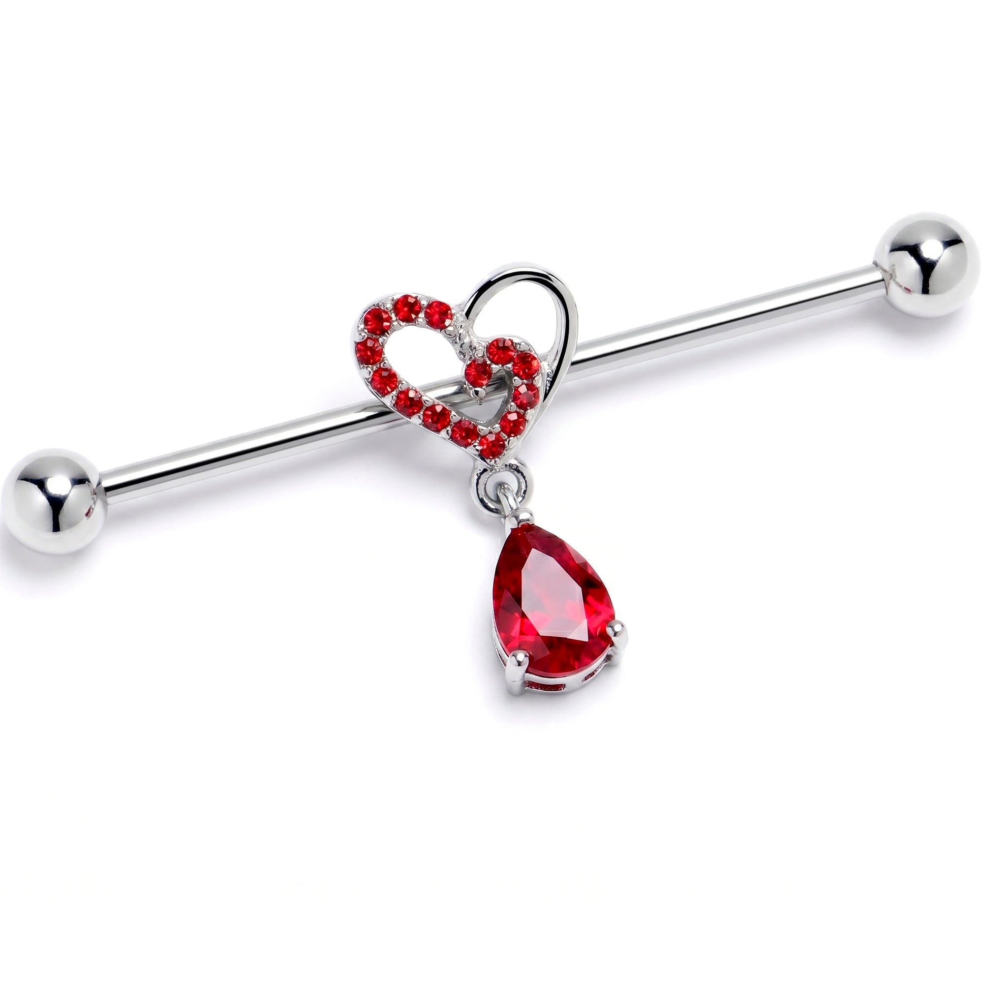 14G Red CZ Gem Asymmetrical Heart Dangle Industrial Barbell 38mm