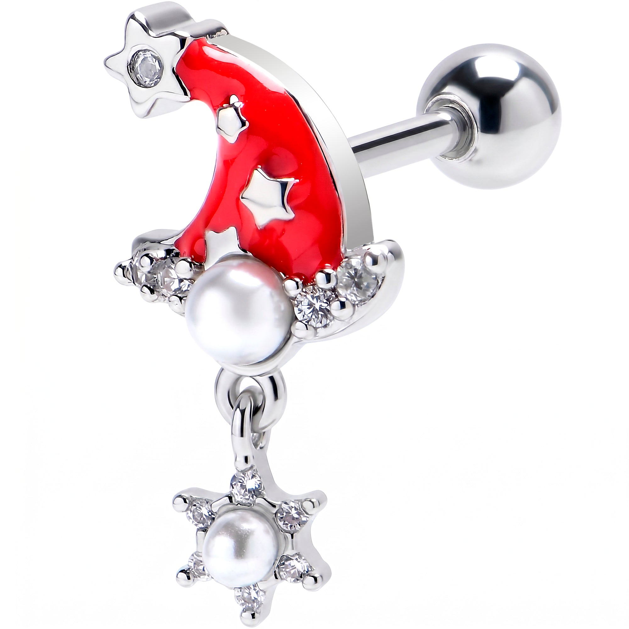 16G 1/4 Clear Gem Santa Hat Stars Red Dangle Cartilage Earring