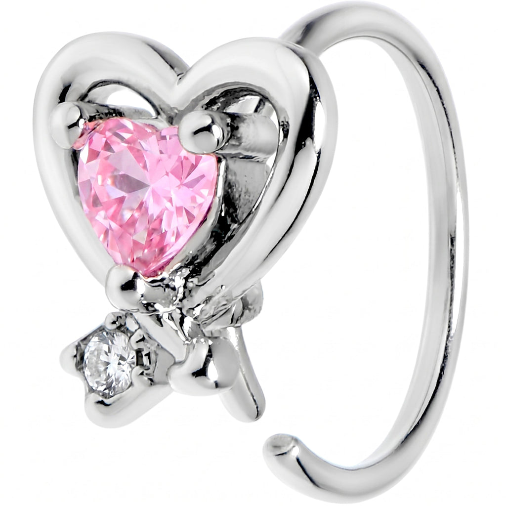 20G 5/16 Pink CZ Gem Wrapped In Heart Nose Hoop