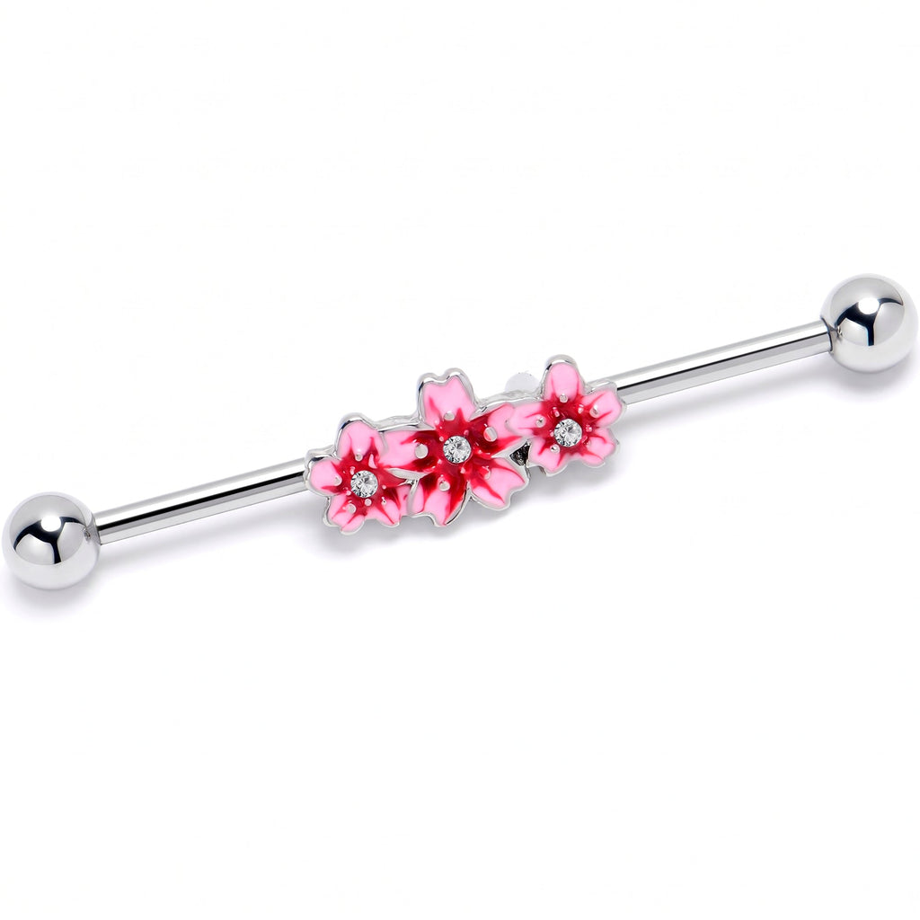 14G Clear Gem Perfect Pink Flower Trio Industrial Barbell 38mm