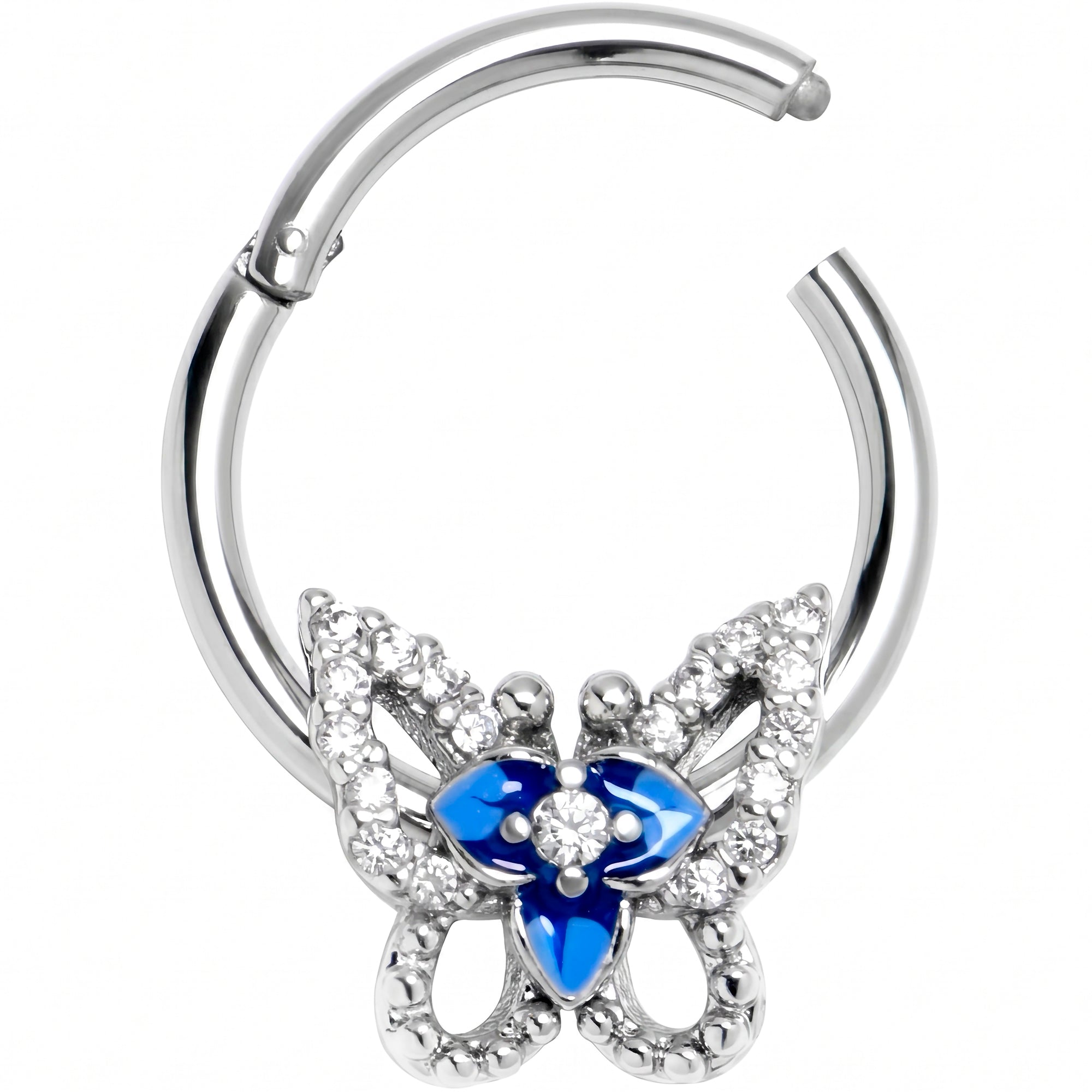 16G 3/8 Clear Gem Fabulous Butterfly Blue Hinged Segment Ring