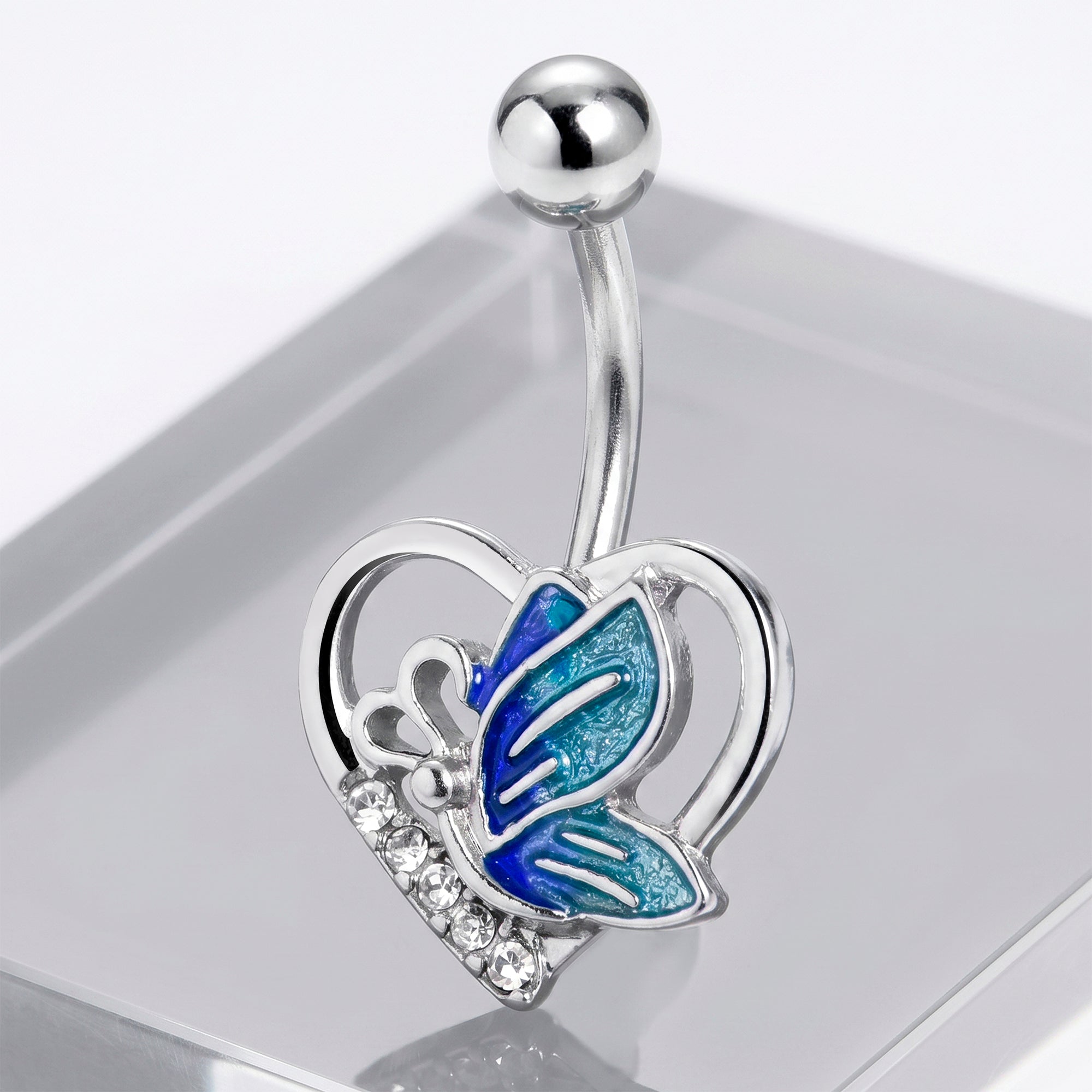 Clear Gem Butterfly Love Heart Blue Belly Ring