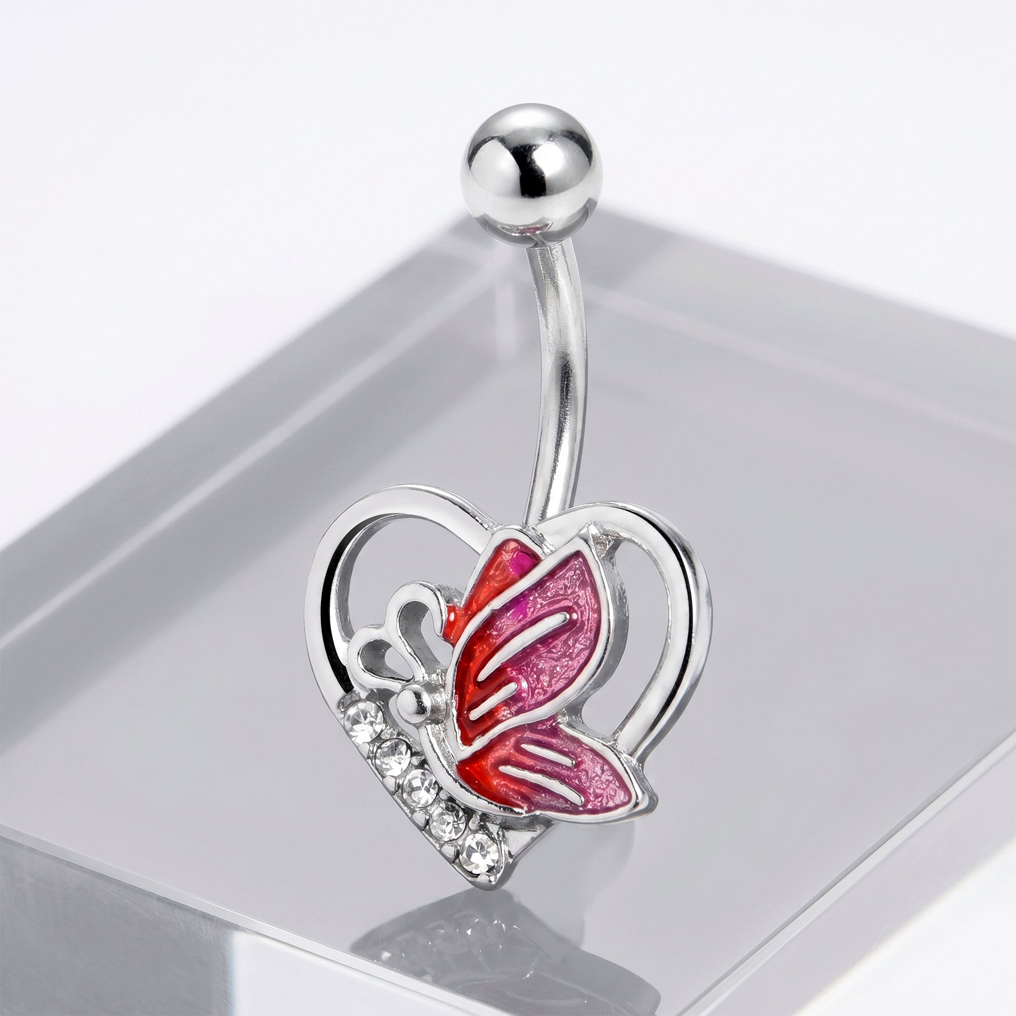 Clear Gem Butterfly Love Heart Pink Belly Ring