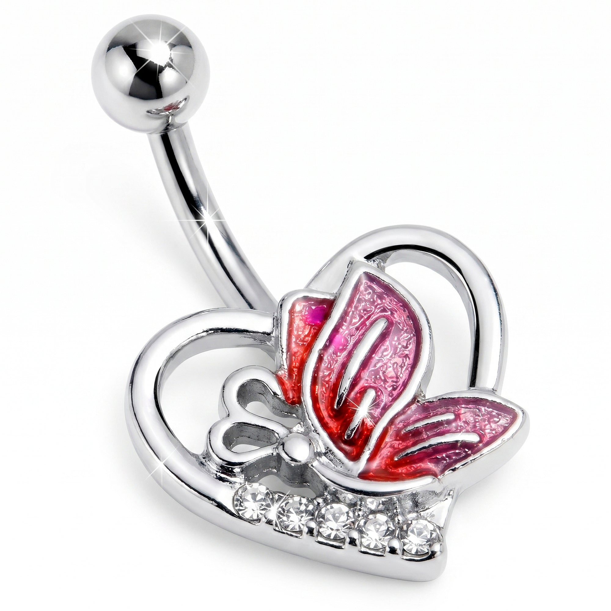Clear Gem Butterfly Love Heart Pink Belly Ring