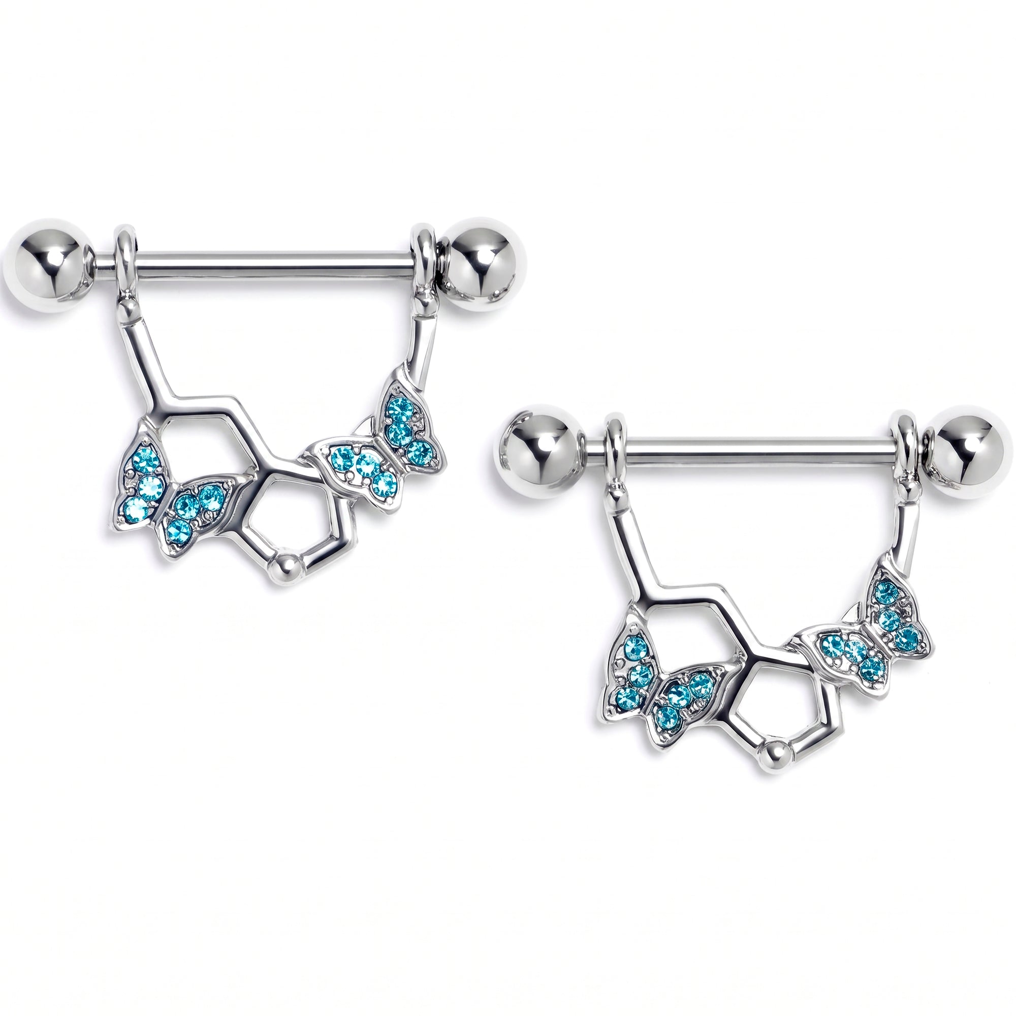 14G 9/16 Blue Gem Hexagon Butterfly Dangle Nipple Ring Set