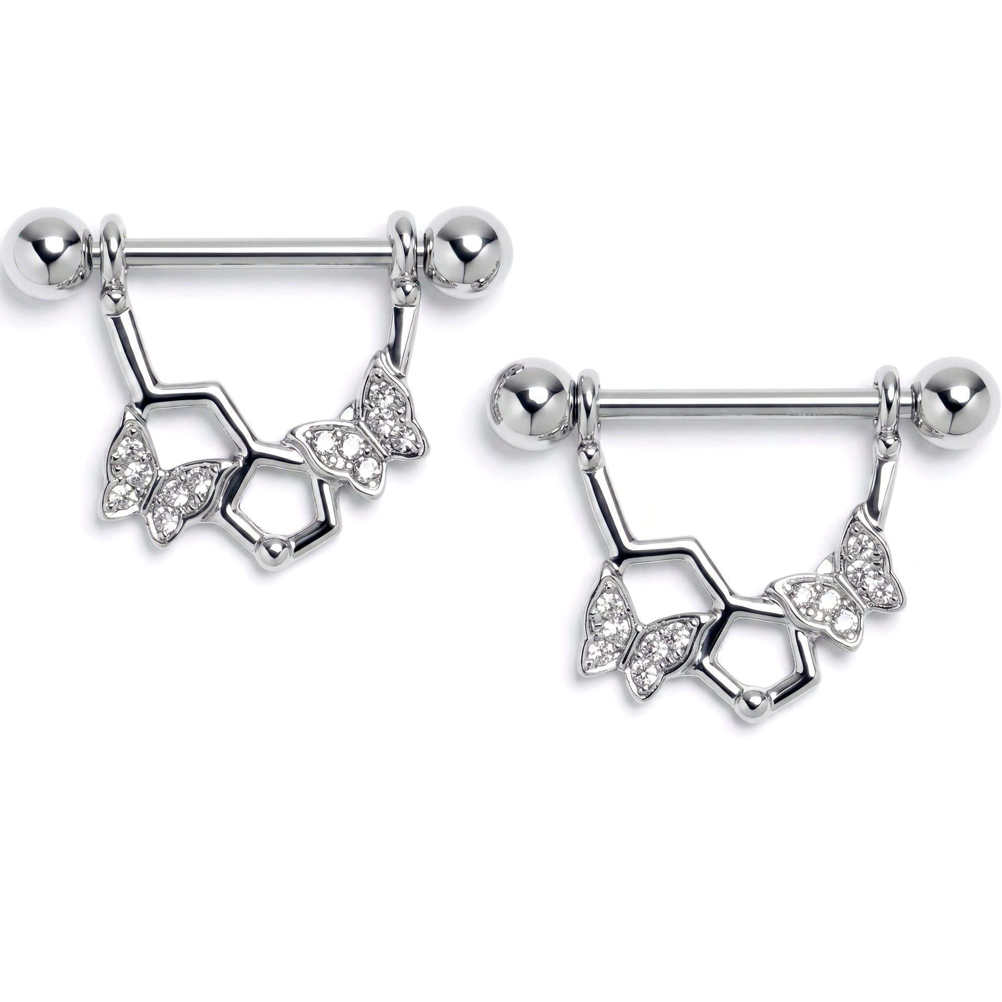 14G 9/16 Clear Gem Hexagon Butterfly Dangle Nipple Ring Set