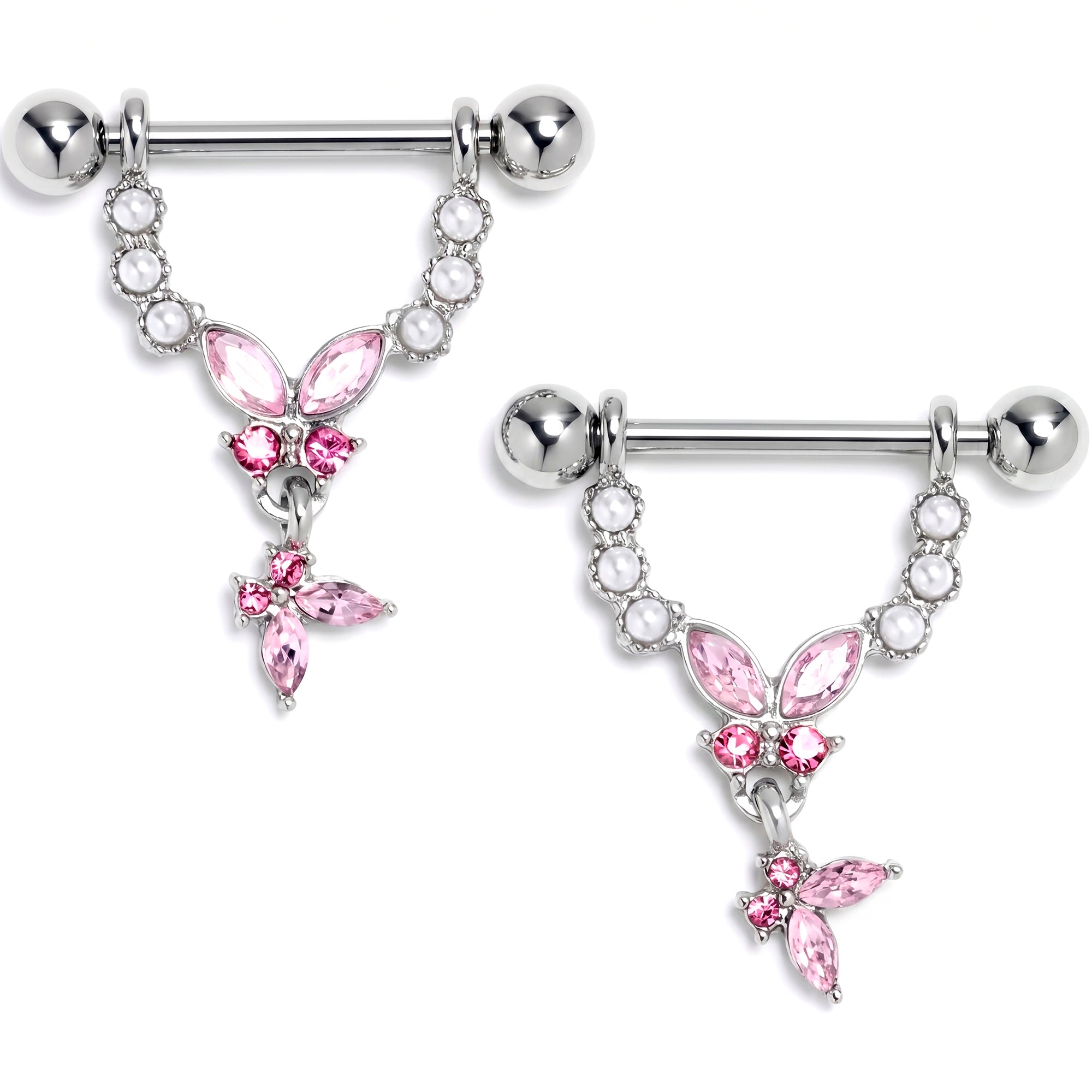 14G 9/16 Pink Gem Double Butterfly Glam Dangle Nipple Ring Set