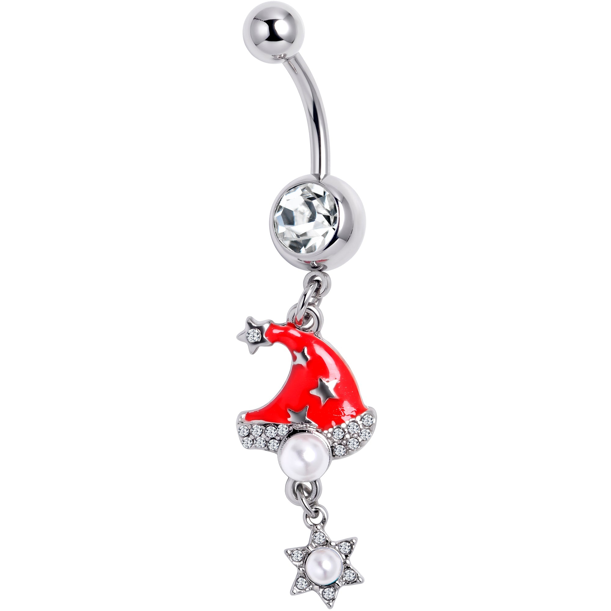 Clear Gem Santa Hat Stars Red Dangle Belly Ring