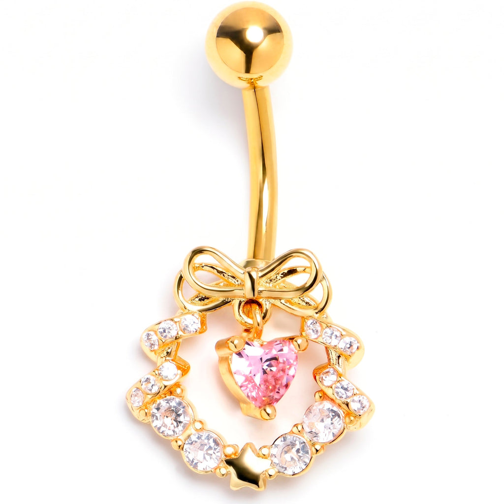 Clear Pink CZ Gem Gold Tone Heart Wreath of Love Belly Ring