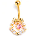 Clear Pink CZ Gem Gold Tone Heart Wreath of Love Belly Ring