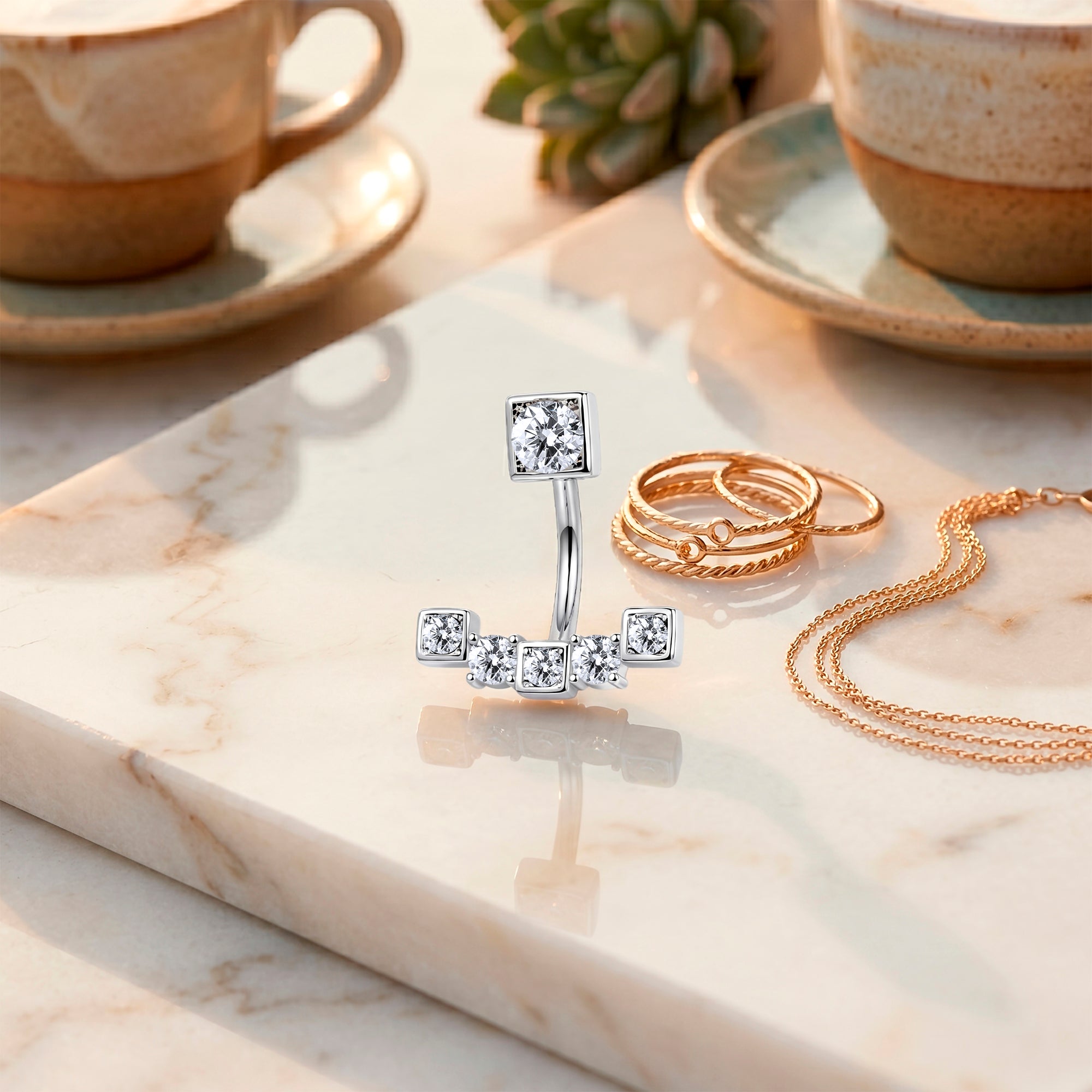 Clear CZ Gem Blocky Arch Double Mount Belly Ring