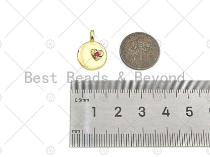 Fuchsia CZ Micro Pave Heart On Round Coin Shape Charm,18K Dianty Gold Medallion  Charm, Necklace Bracelet Charm Pendant,13x18mm, Sku#LK257