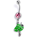 Pink Gem Fanciful Green Mushroom Dangle Belly Ring