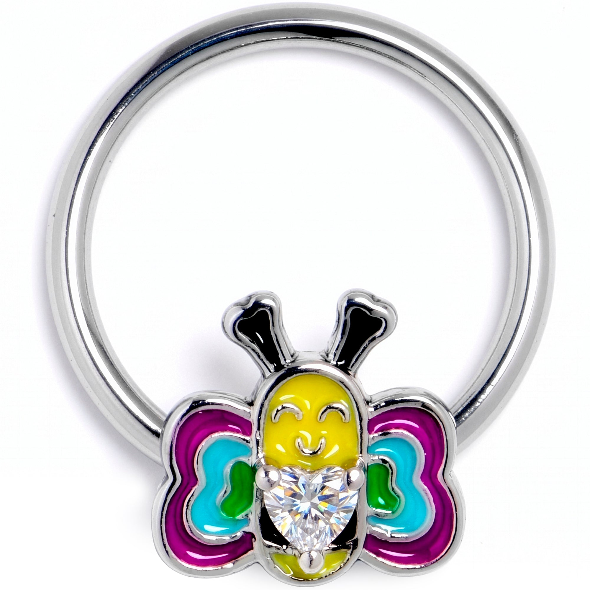 16G 3/8 Clear CZ Gem Butterfly Love Bug Heart BCR Captive Ring