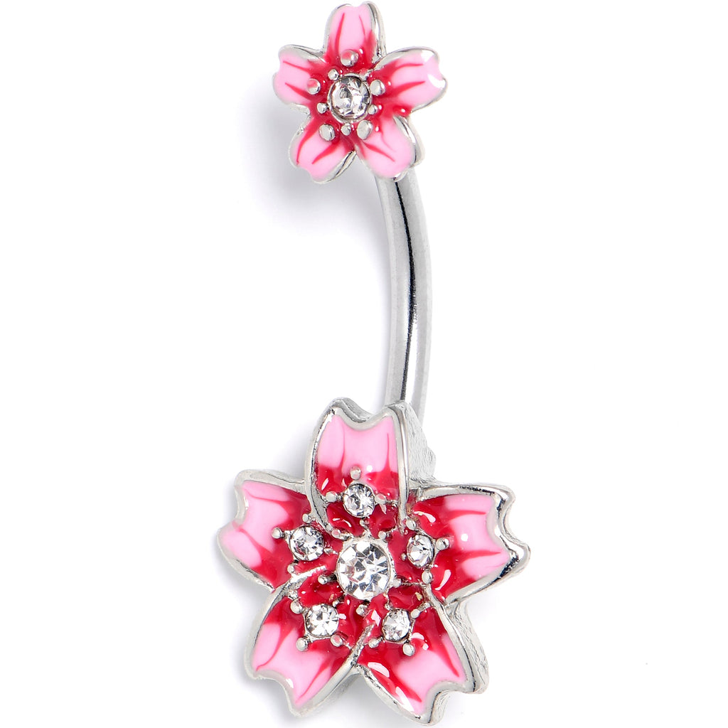 Clear Gem Perfect Pink Flower Double Mount Belly Ring