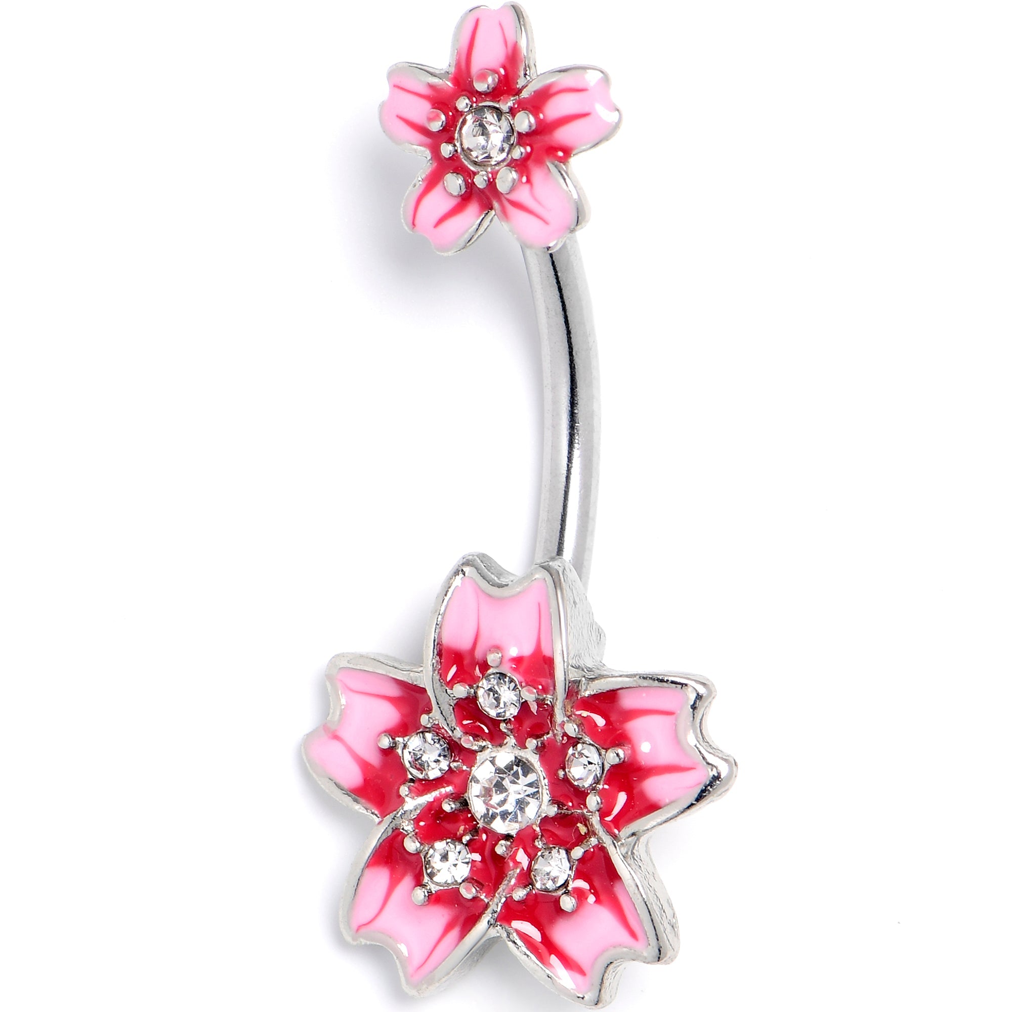 Clear Gem Perfect Pink Flower Double Mount Belly Ring