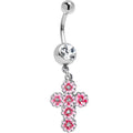 Clear Gem Perfectly Pink Flower Cross Dangle Belly Ring