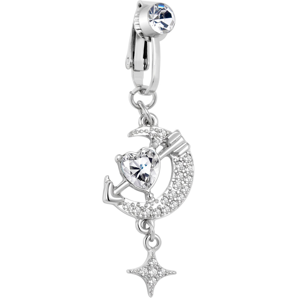 Clear Gem Moon Lover Dangle Clip On Fake Belly Ring
