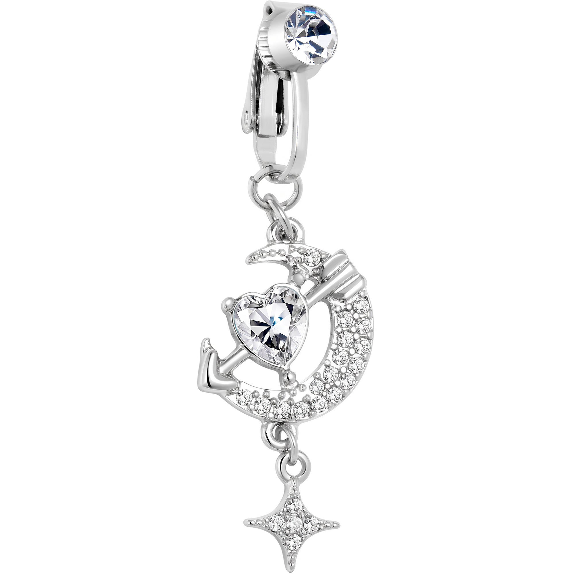 Clear Gem Moon Lover Dangle Clip On Fake Belly Ring