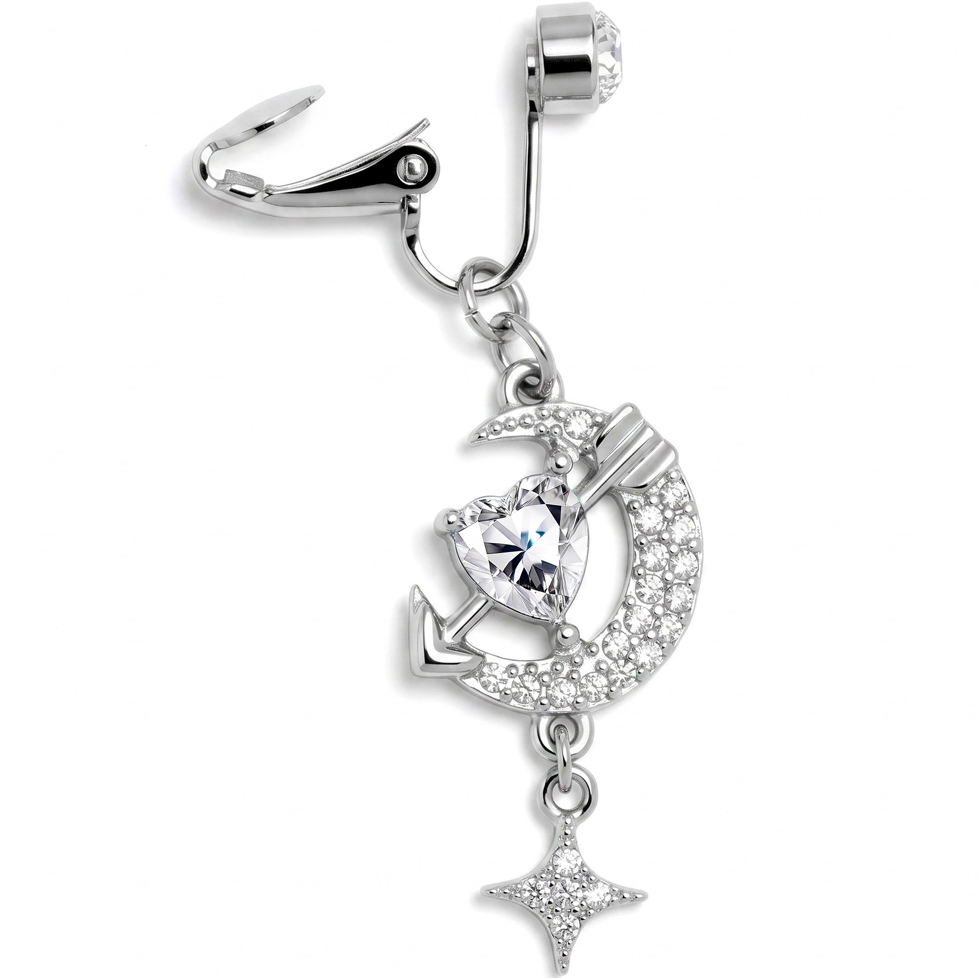 Clear Gem Moon Lover Dangle Clip On Fake Belly Ring