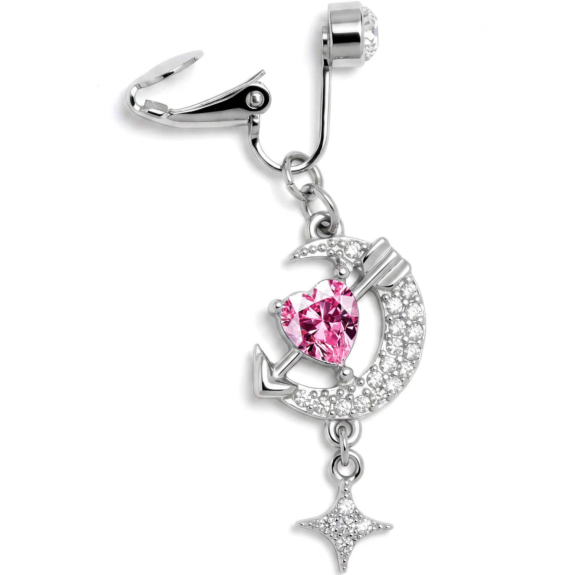 Clear Pink Gem Moon Lover Dangle Clip On Fake Belly Ring
