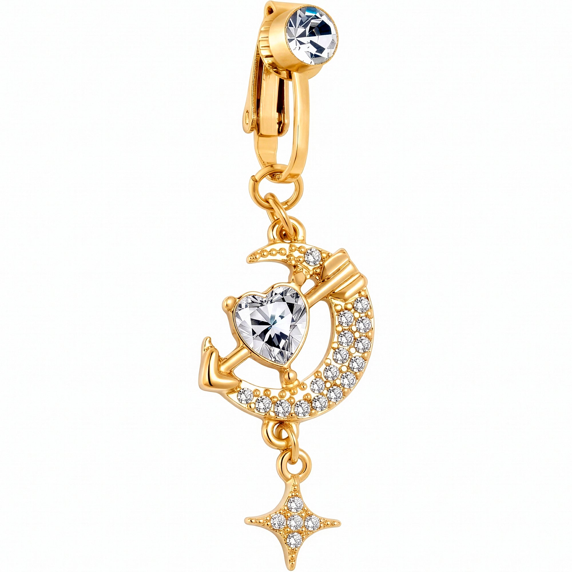 Clear Gem Gold Tone Moon Lover Dangle Clip On Fake Belly Ring