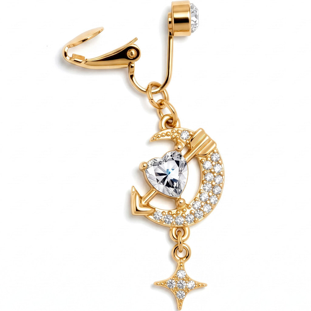 Clear Gem Gold Tone Moon Lover Dangle Clip On Fake Belly Ring