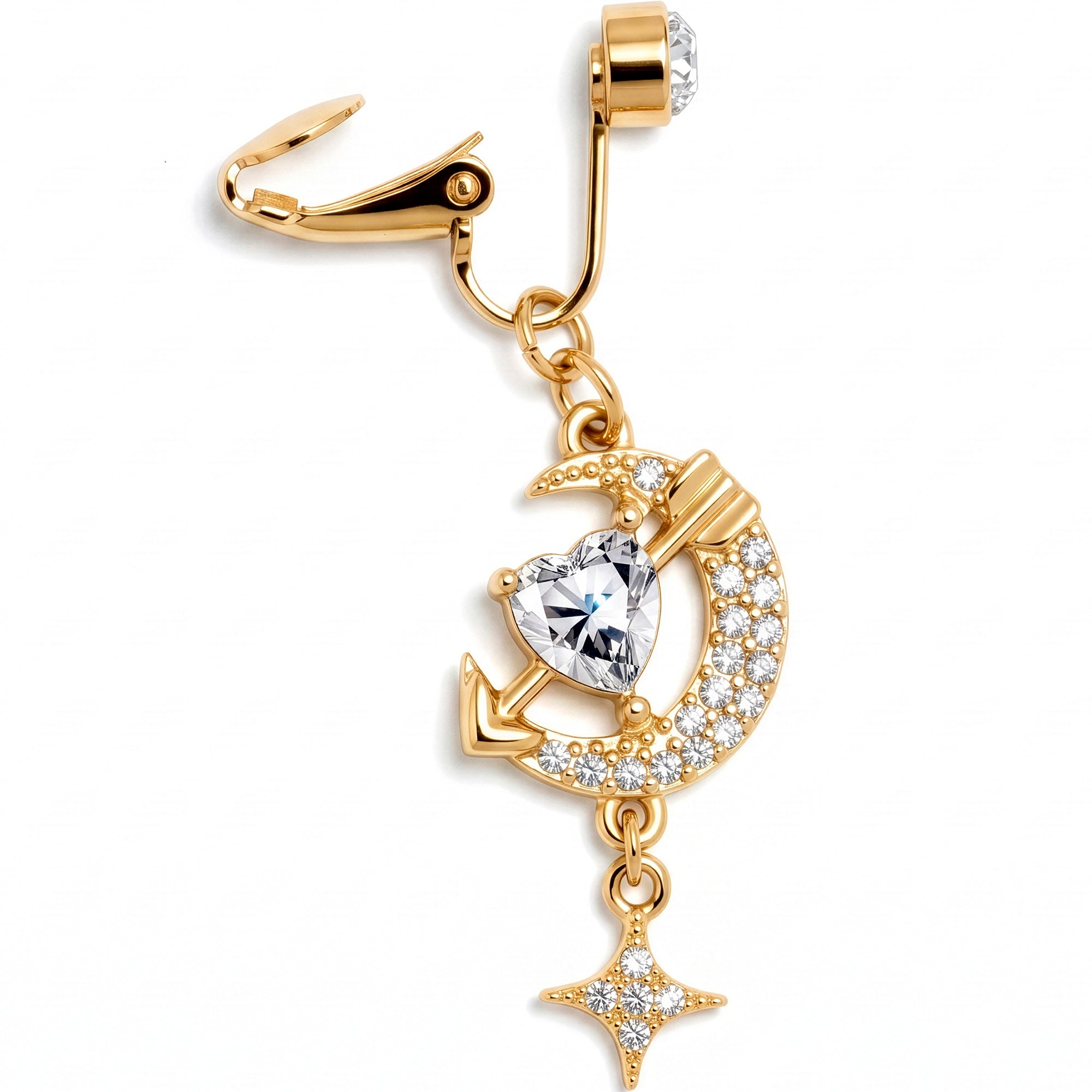 Clear Gem Gold Tone Moon Lover Dangle Clip On Fake Belly Ring
