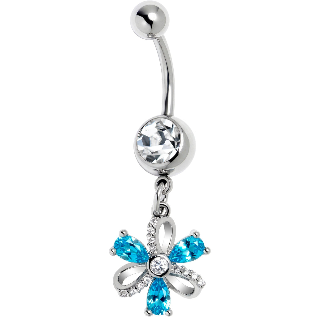 Clear Blue CZ Gem Bling Flower Glam Dangle Belly Ring