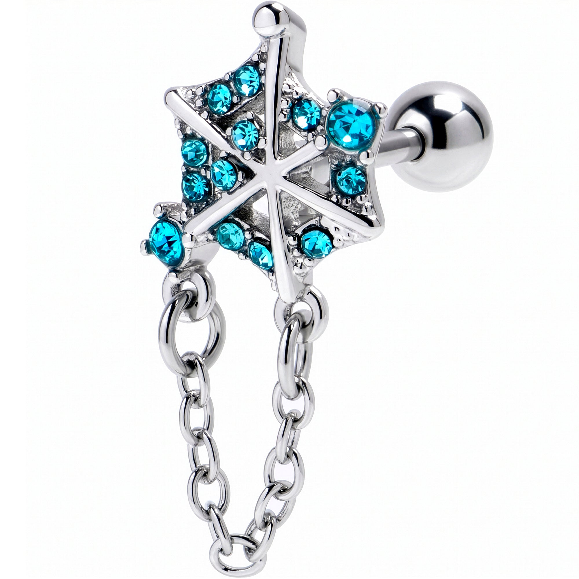 16G 1/4 Blue Gem Spiderweb Chain Dangle Cartilage Tragus Earring
