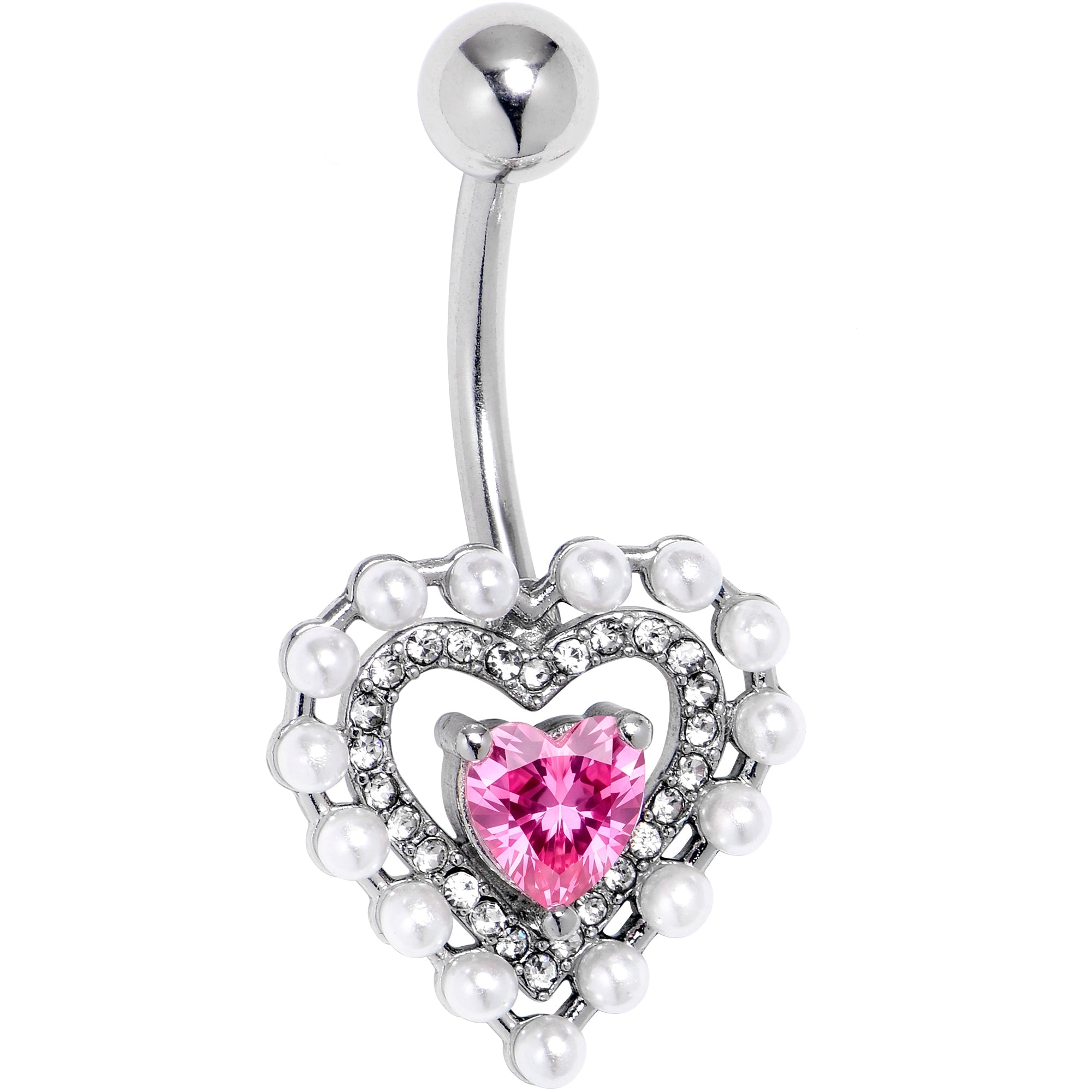 Pink CZ Gem Pearly Heart Pair Belly Ring
