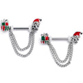 14G 9/16 Clear Gem Santa Skull Gift Chain Dangle Nipple Ring Set