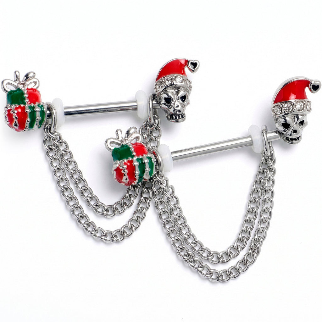 14G 9/16 Clear Gem Santa Skull Gift Chain Dangle Nipple Ring Set