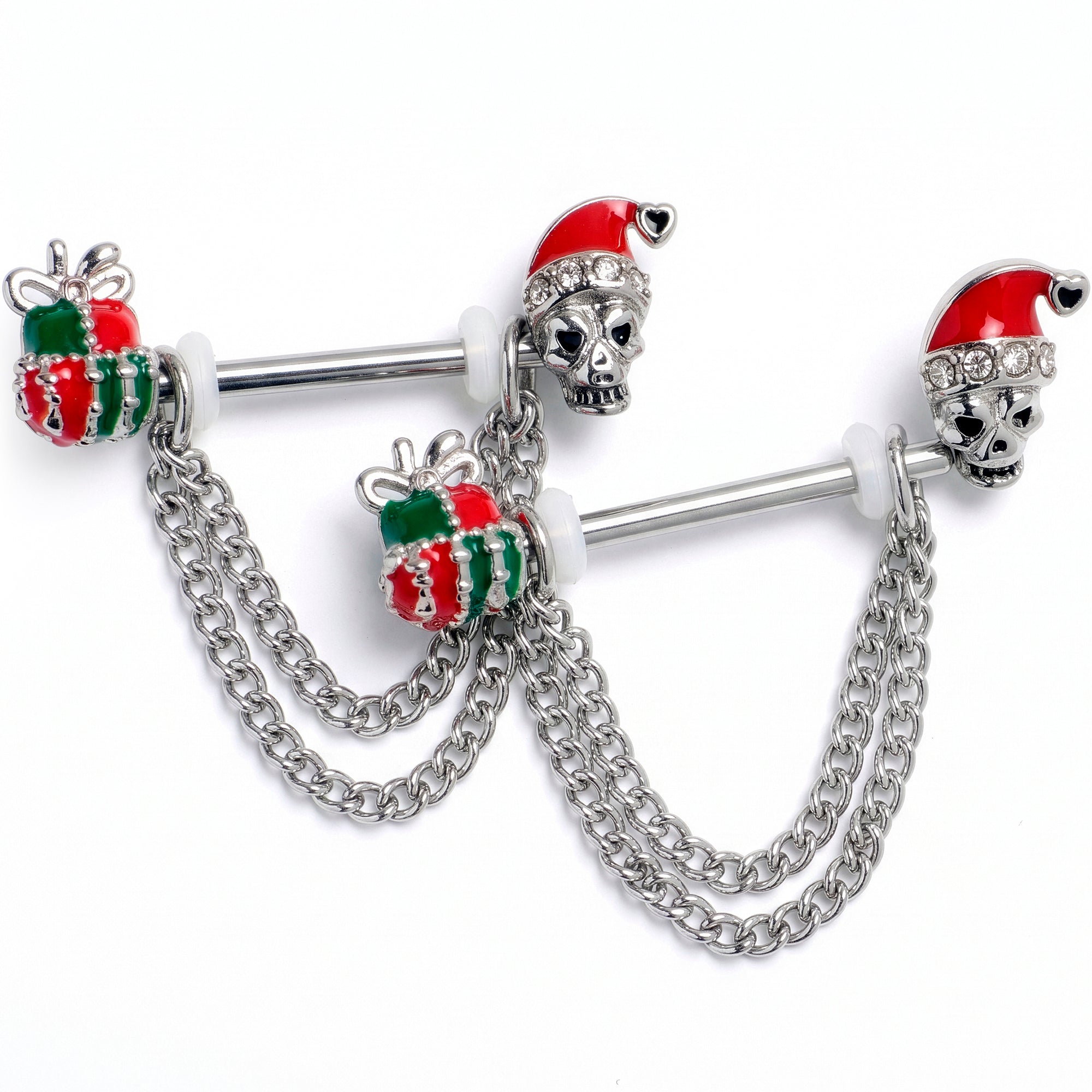 14G 9/16 Clear Gem Santa Skull Gift Chain Dangle Nipple Ring Set