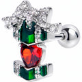 16G 1/4 Green Red Gem Holiday Abstract Heart Cartilage Earring