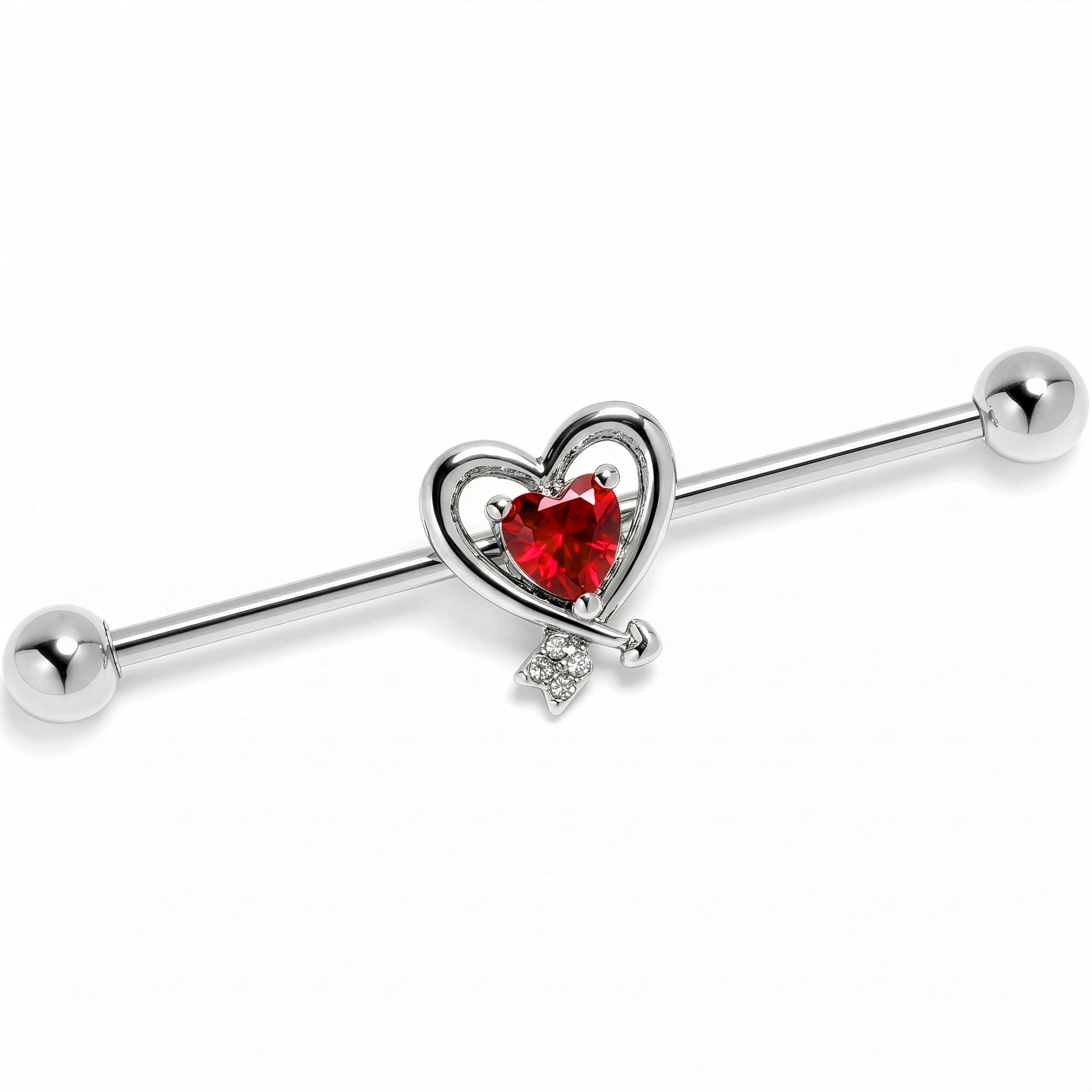 14G Red CZ Gem Wrapped in Heart Industrial Barbell 38mm