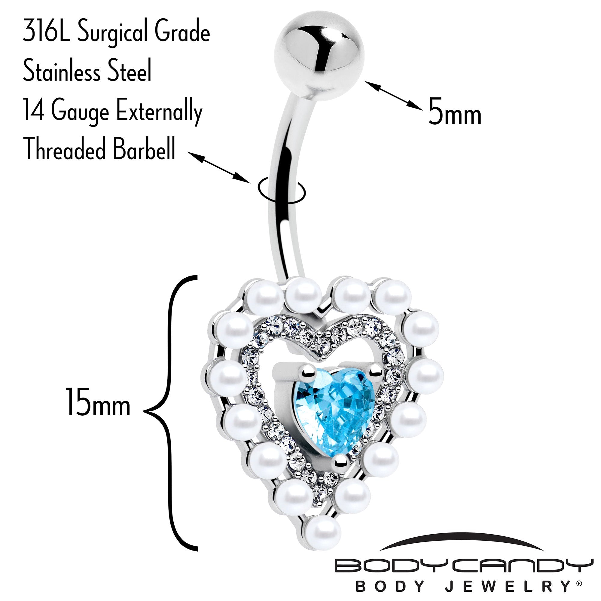 Blue CZ Gem Pearly Heart Belly Ring