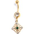Clear Green Gem Gold Tone Filigree Cross Rhombus Dangle Belly Ring