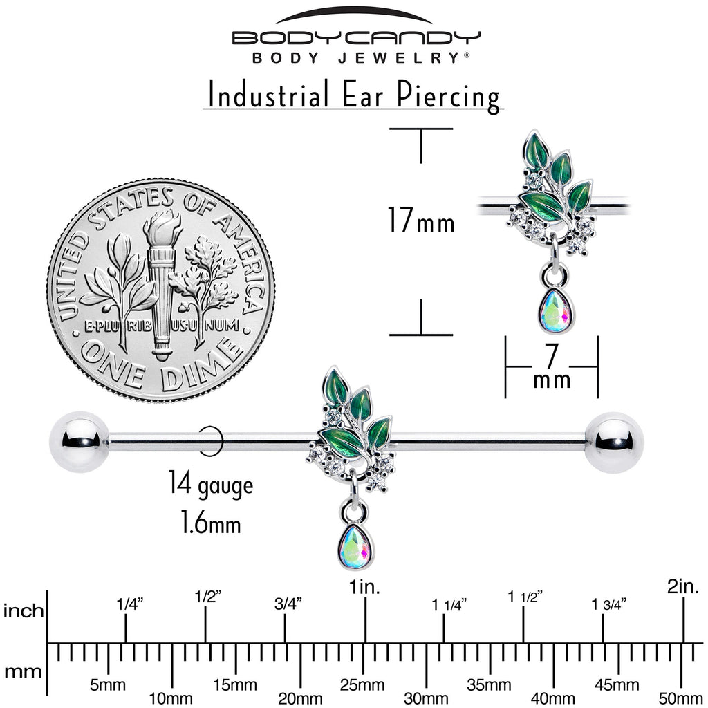14G Aurora CZ Gem Morning Leaves Dangle Industrial Barbell 38mm