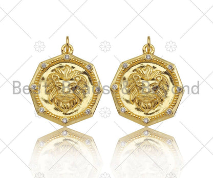 Gold Filled CZ Micro Pave Embossed Lion Head On Round Shape Pendant,18K Gold Filled Lion Charm, Necklace Bracelet Pendant,21x25mm,Sku#LK338