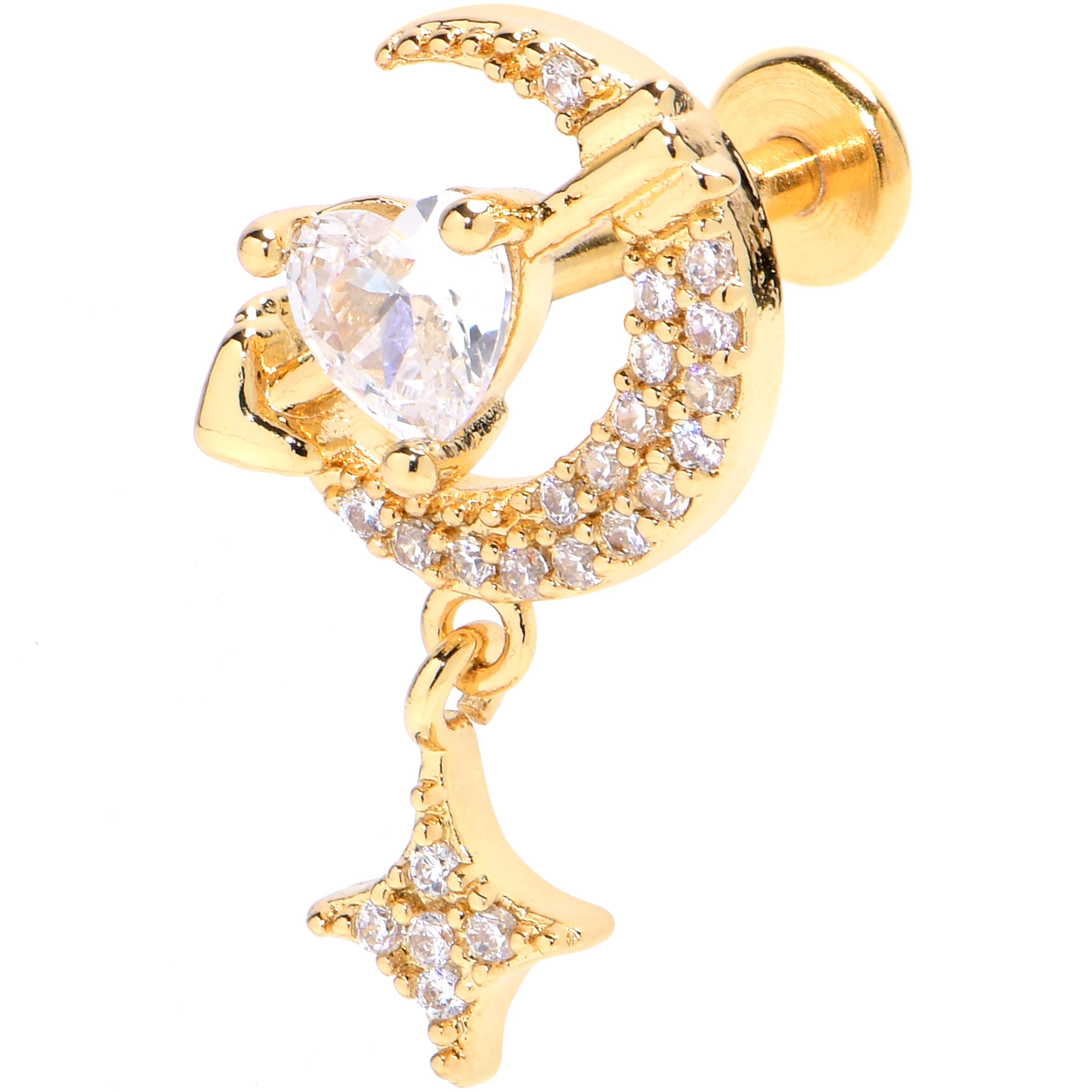 16G 5/16 Clear CZ Gem Gold Hue Internally Threaded Moon Lover Labret
