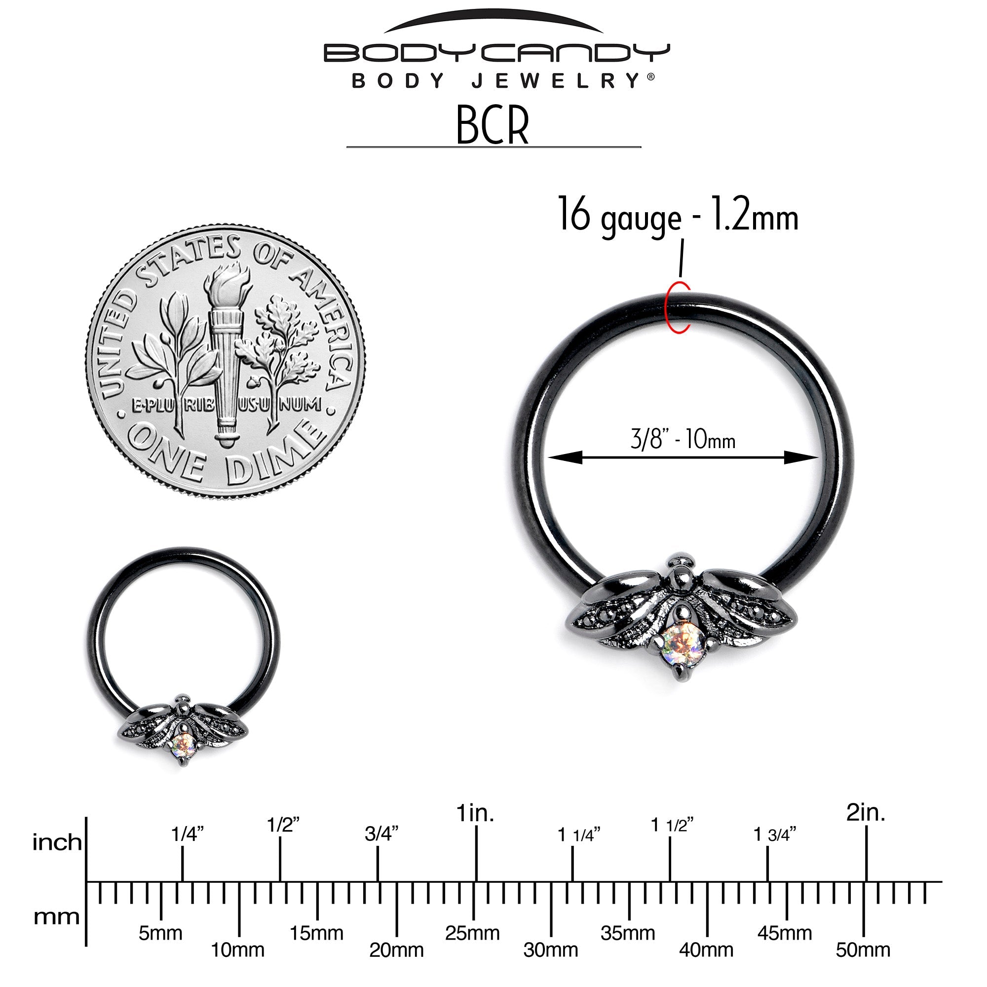 16G 3/8 Aurora Gem Black Beauty Bug BCR Captive Ring
