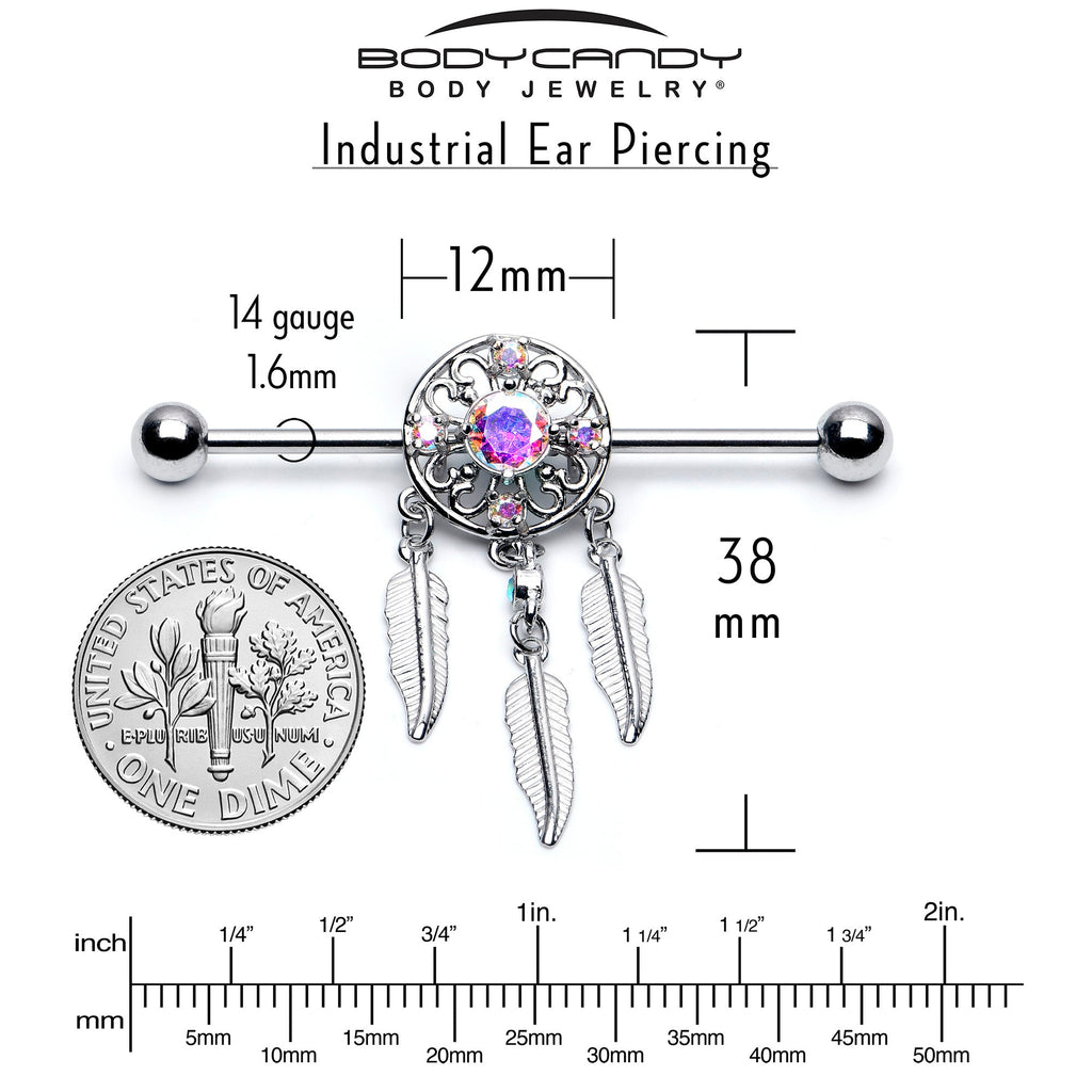 14G Aurora CZ Gem  Dreamcatcher Dangle Industrial Barbell 38mm