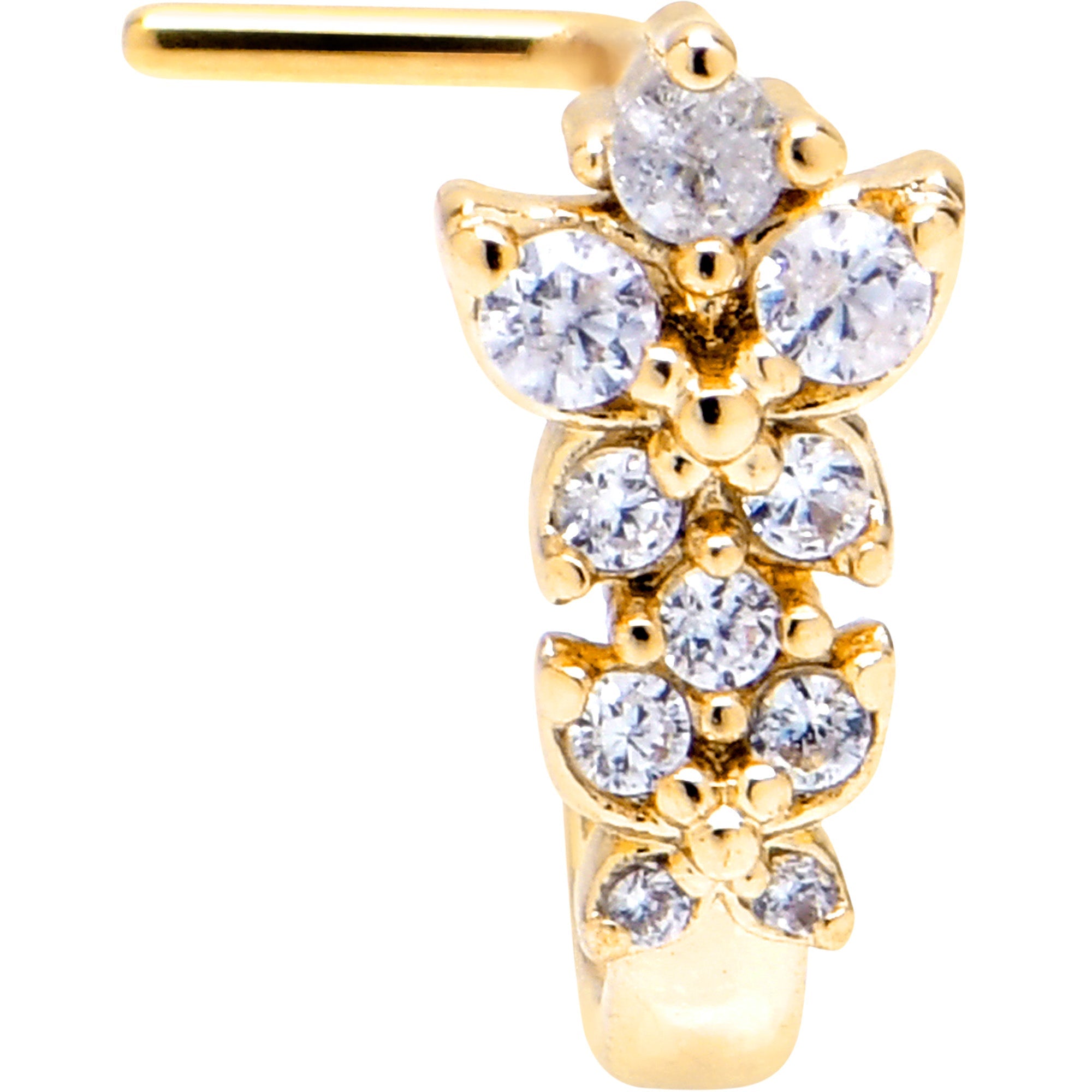 20G 7mm Clear Gem Gold Tone Flower Duo Faux Hoop L Shape Nose Ring