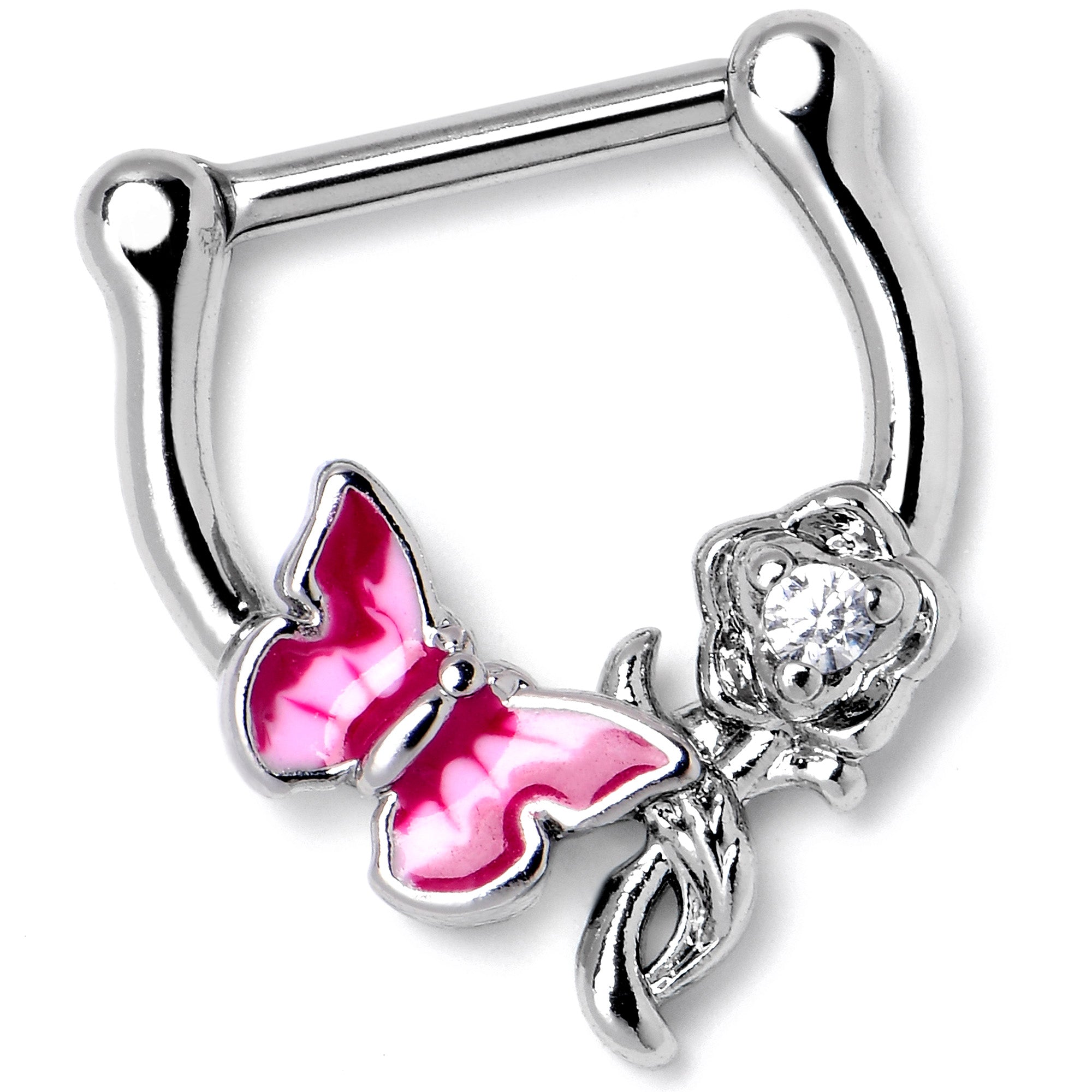 16G 5/6 Clear CZ Gem Butterfly Rose Flower Pink Cartilage Clicker