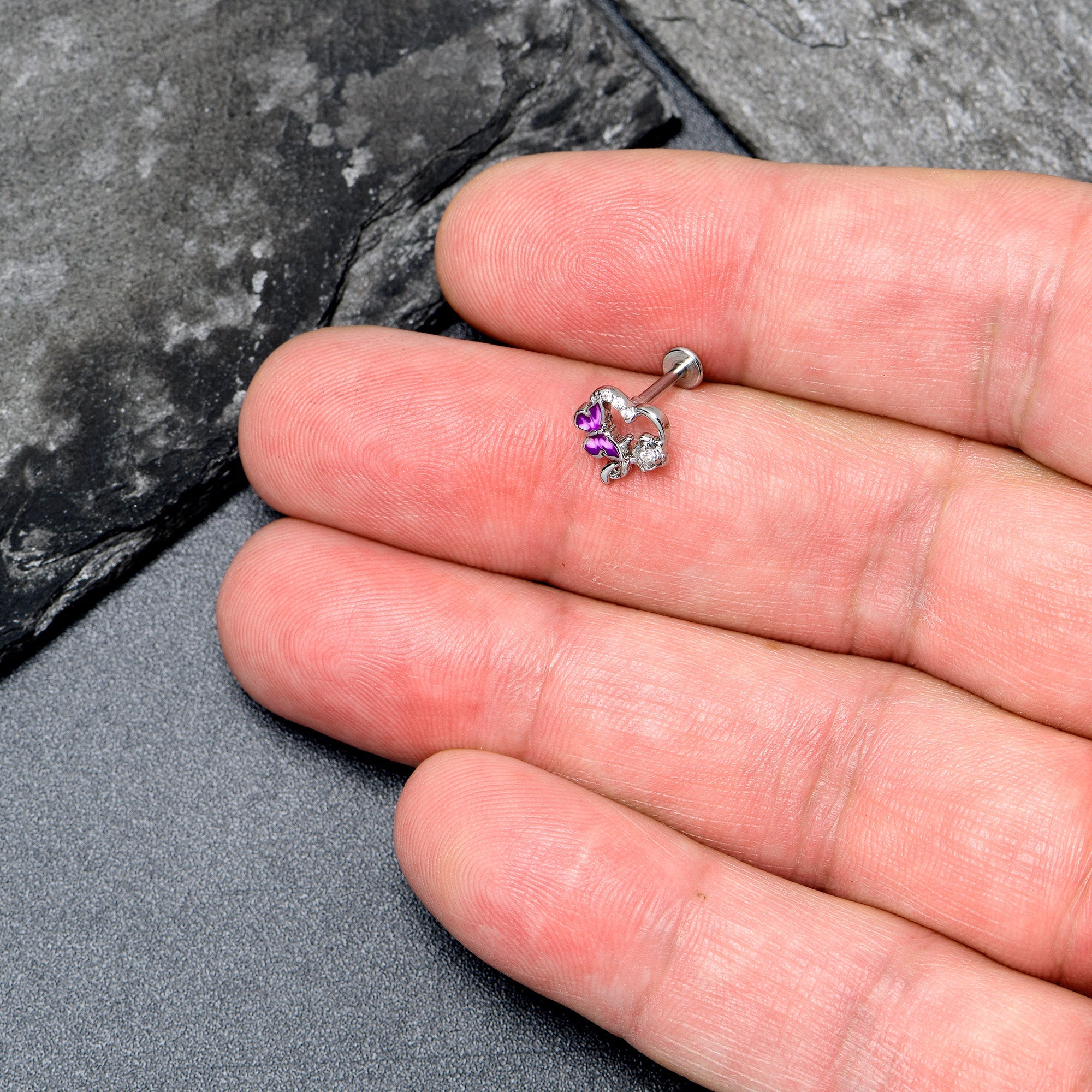 16G 5/16 Clear CZ Gem Butterfly Rose Purple Internally Threaded Labret